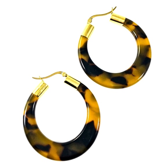 Tortoise Shell Hoop Earrings Gold Snap Closures - Picture 2 of 4